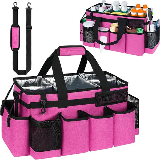 Cleaning Caddy Bag, Extra Large Cleaning Supplies Organizer for Housekeepers, Housekeeping Caddy with Handle and Detachable Padded Cushion, Pink
