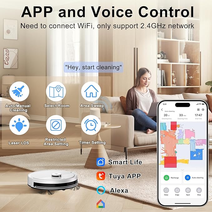 Robot Vacuum and Mop Combo, Robotic Vacuums with LiDAR Navigation, Smart Mapping, Strong Suction, with WiFi/App/Alexa/Voice Control, Obstacle Avoidance, for Home, Wood/Hard Floors, Pet Hair