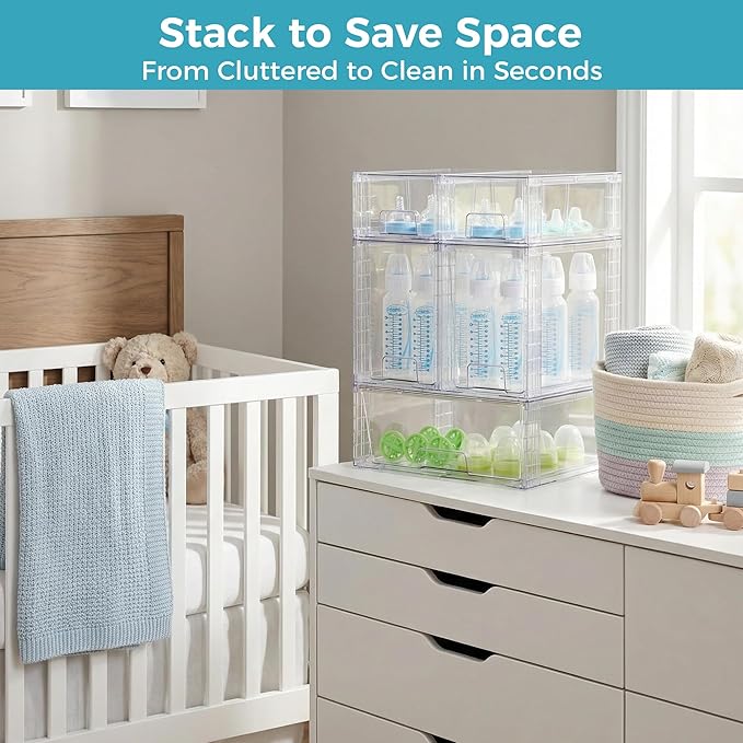 Vtopmart 5 Pack Clear Stackable Storage Drawers,Easy to Assemble Baby Bottle with handles,Plastic Drawers for Kitchen Pantry,Cabinet,Under Sink Organization