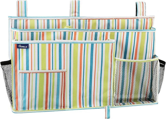 Surblue Bedside Caddy Hanging Bed Organizer Storage Bag Pocket for Bunk and Hospital Beds, College Dorm Rooms Baby Bed Rails, Camp 8 Pockets, (Large, Green Stripe)