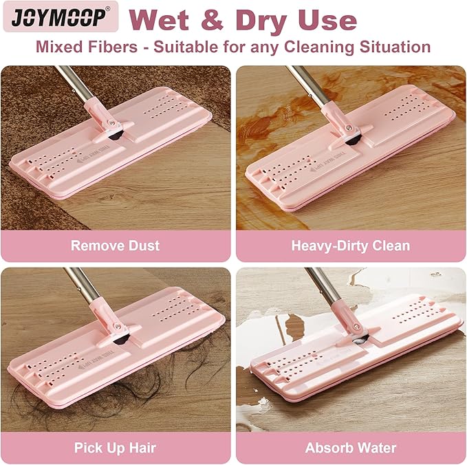 JOYMOOP Mop Replacement Pads, Reusable Microfiber Mop Pads for 13-inch Flat Mop and Mop Bucket Set, Pack of 2 Refills - Stripe and Pink