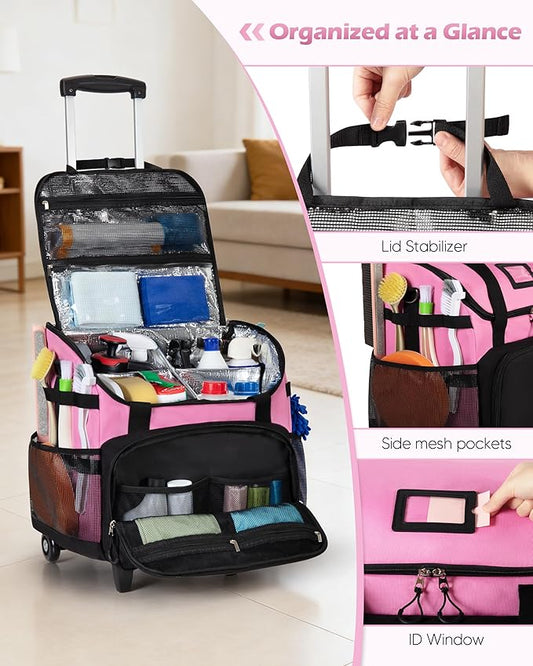 Large Rolling Cleaning Caddy Bag with Detachable Trolley, Cleaning Supplies Organizer with Wheels for Housekeepers, Pink