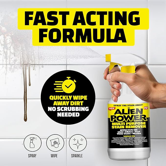 Alien Power Stain Remover Spray for Mold & Mildew, for Bathroom & Household Surfaces, All Purpose No-Scrub Cleaner for Tiles, Wall, Grout & Washing Machines - 3 Packet Set (Makes 72 Fl Oz)