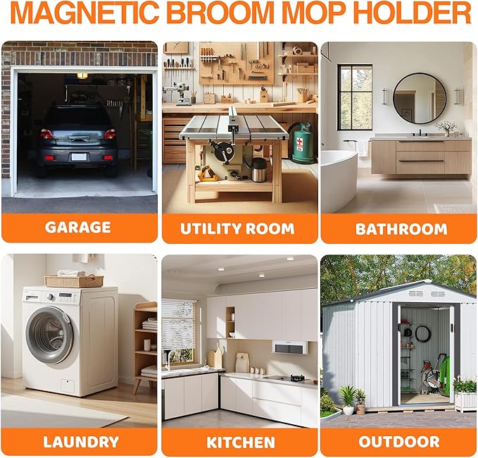 Magnetic Broom Holder Wall Mount with 4 Hooks and 5 Rack- Heavy Duty Non-Slip Mop Hanger for Wet Mops&Cleaning Tools on Refrigerator,Metal Door,Garage,Kitchen,Laundry Room