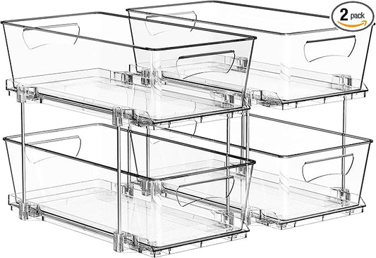 Simple Houseware 2 Tier Basket Drawer Cabinet Pull-Out Organizer, 2 Pack, Clear
