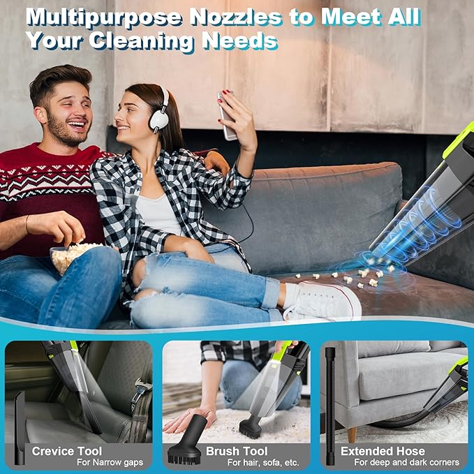 Cordless Car Vacuum Lightweight High Power Handheld Vacuum Cleaner with LED Light, Hand Vacuum for Car Home Office and Pet Hair, Blackgreen