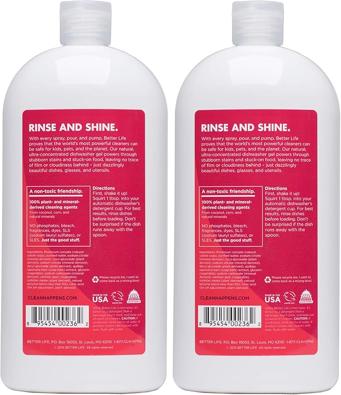 Better Life Dishwasher Detergent Gel - Automatic Dishwasher Cleaner - Concentrated Liquid Gel Dish Detergent Soap - 30oz (Pack of 2) Unscented