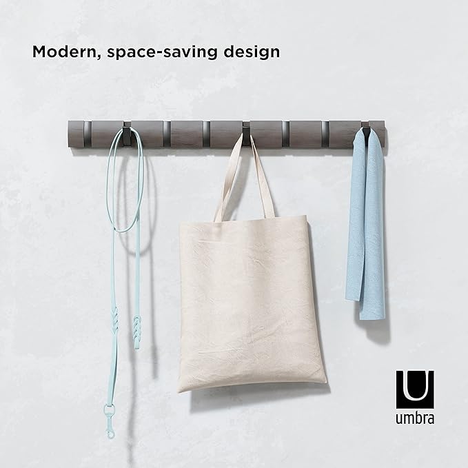 Umbra Flip Wall-Mounted Coat Rack with 8 Hooks – Modern, Space-Saving Storage for Hats, Jackets, Bags, Entryway, Mudroom, Closet, Bathroom, Bedroom – Grey/Pewter