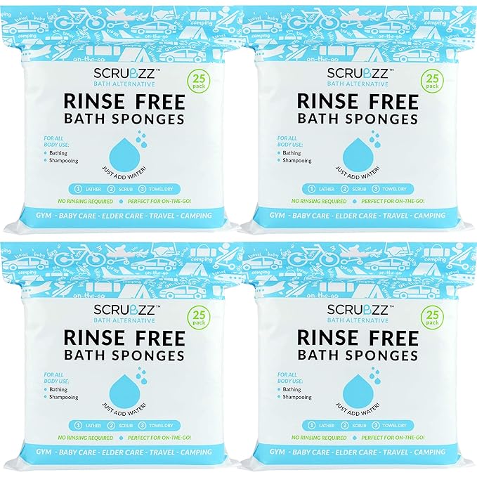Scrubzz Disposable No Rinse Bathing Wipes - All-in-1 Single Use Shower Wipes, Simply Dampen, Lather, and Dry Without Shampoo or Rinsing (Unscented, 4-Pack)