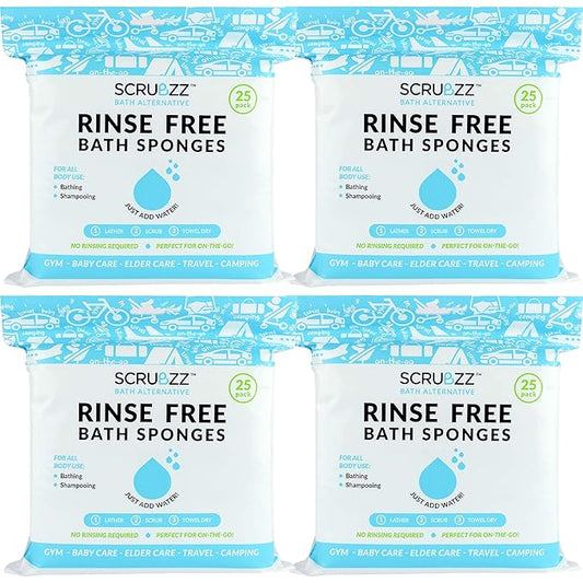 Scrubzz Disposable No Rinse Bathing Wipes - All-in-1 Single Use Shower Wipes, Simply Dampen, Lather, and Dry Without Shampoo or Rinsing (Unscented, 4-Pack)