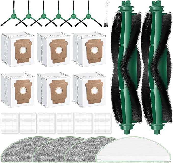 25 Pack Roomba Replacement Parts for iRobot 104 / Roomba 105 Combo / 105 Vac / Q052 Robot Vacuum & Mop, 2 Bristle Brush, 6 Edge-Sweeping, 6 Filters, 6 Dust Bags, 4 Mop Pads, 1 Cleaning Brush