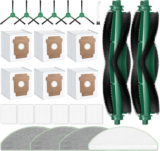 25 Pack Roomba Replacement Parts for iRobot 104 / Roomba 105 Combo / 105 Vac / Q052 Robot Vacuum & Mop, 2 Bristle Brush, 6 Edge-Sweeping, 6 Filters, 6 Dust Bags, 4 Mop Pads, 1 Cleaning Brush