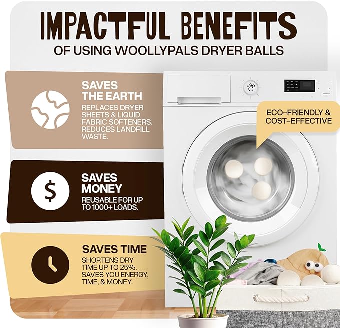 WoollyPals Dryer Balls (6-Pack, XL Size) - 100% New Zealand Wool - No More Dryer Sheets - Eco Dryer Balls - Reusable - Softens Laundry - Reduces Drying Time & Static - with Storage Bag (Plain White)