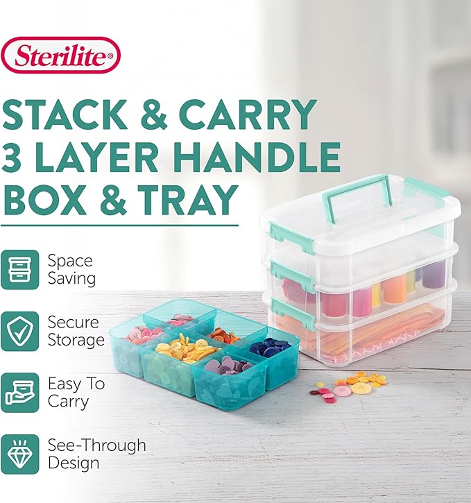 Sterilite 24 Pack Plastic Storage Box Container, 3 Layer, Stack and Carry, Clear/Blue