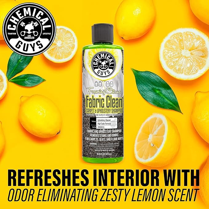 Chemical Guys Foaming Citrus Fabric Clean Drill Brush Kit - High Foaming Stain and Odor Remover, Upholstery, Floor Mat & Car Carpet Cleaner, Deep Cleans & Deodorizes, Citrus Scent - 16 fl oz