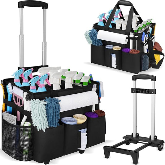 Large Rolling Cleaning Caddy with Detachable Trolley, Cleaning Supply Organizer Bag with Wheels & Multi-Pockets, Water-Resistant Cleaning Cart on Wheels for Housekeeping, Cleaner