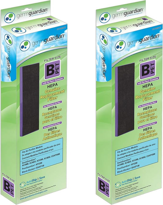 GermGuardian Pet Pure HEPA Genuine Air Purifier Filter B, Removes 99.97% of Pollutants for AC4825, AC4820, AC4850, AC4870, CDAP4500, AC4900, AC4300, AP2200, 2- Pack, Black/Purple, FLT4850PT2PK