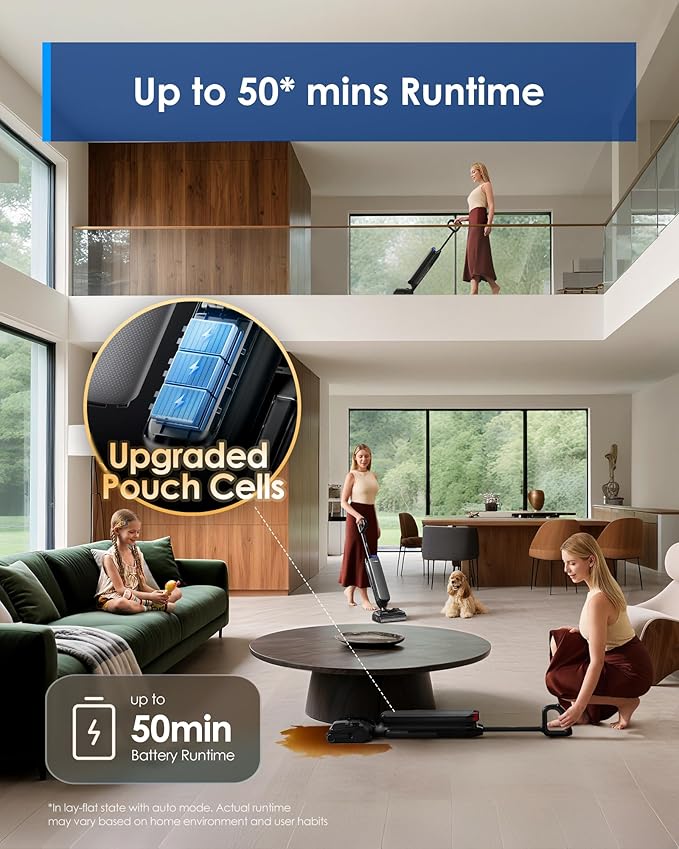 Tineco Wet Dry Vacuum Cleaner 22kPa Suction Floor Cleaner Mop, 50 Min Runtime, iLoop Smart Sensor, DualBlock Anti-Tangle Design, 185℉ Flashdry, Dual-Edge Cleaning, 180° Lay-Flat, Floor One S7 Artist