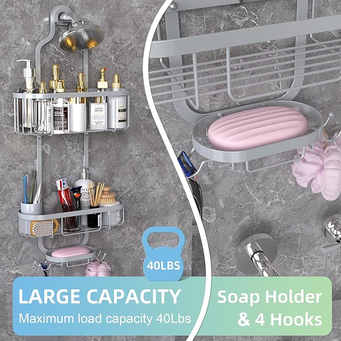 Kadolina Bathroom Hanging Shower Organizer, Over Head Shower Caddy Shower Storage Rack Basket with Hooks for Razor and Sponge Rustproof, Silver [Patented]