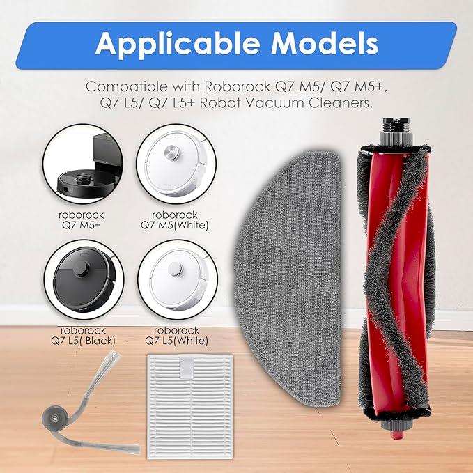 (11 Pack) Q7 M5+/ Q7 M5 Replacement Parts for Roborock Q7 M5+, Q7 M5, Q7 L5, Q7 L5+ Robot Vacuum Cleaner, 1 Roller Brush, 4 Side Brushes, 4 HEPA Filters, 2 Mop Pads, Accessories Kit