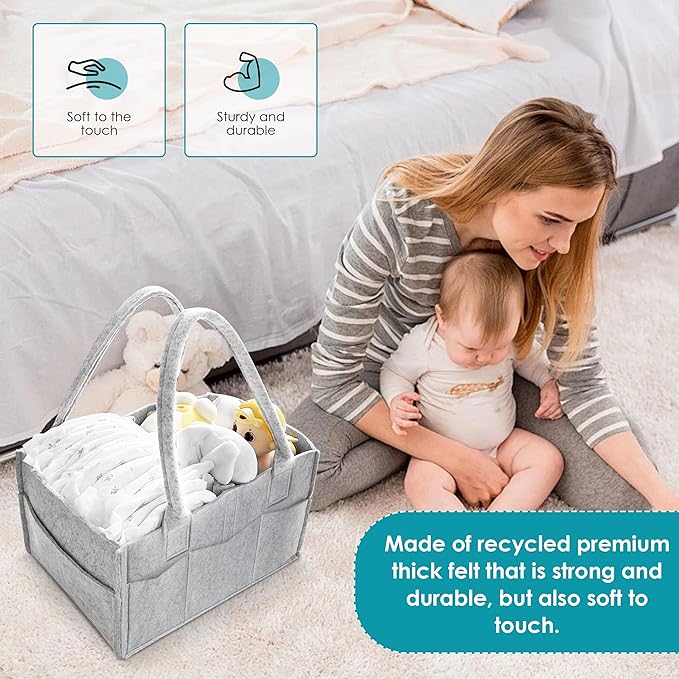 Cute Castle 4 Pack Diaper Caddy Organizer - Portable Baby Caddy Organizer with Handle, Nursery Storage Bin and Car Organizer for Girls, Boys - Baby Gift Basket - Grey