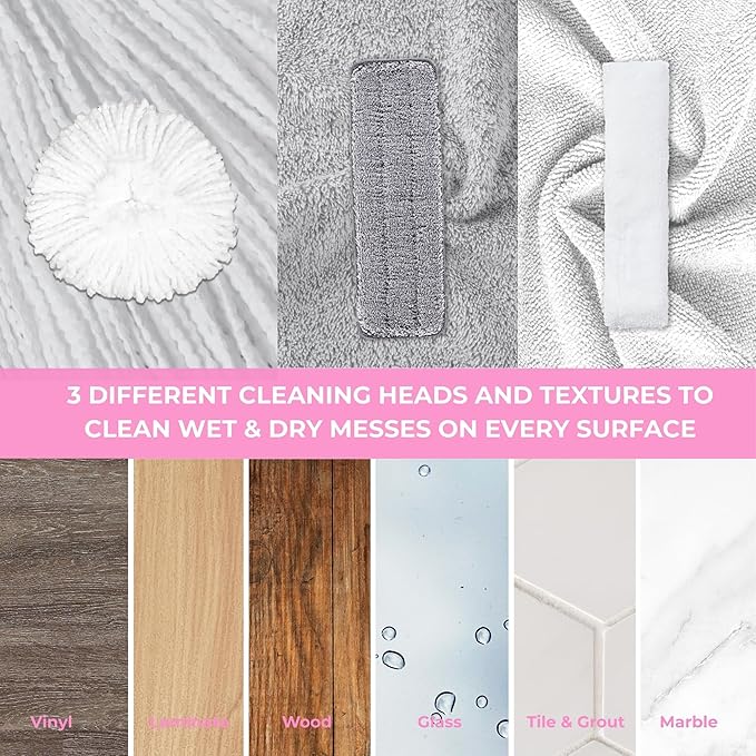 Heavy Duty Spray Mop Kit for Floor Cleaning, Refillable Water Tank, Use Any Cleaning Solution with Machine Washable Pads, Includes Flat Mop Head, Round, Squeegee Head