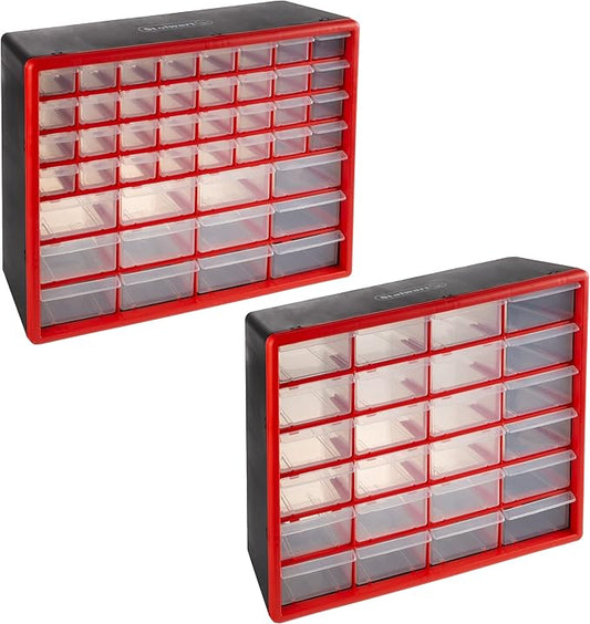 Set of Two Storage Bins with Drawers – Pair of 44 and 24 Drawer Desktop or Wall Mount Plastic Tool Organizers for Hardware or Crafts by Stalwart (Red)