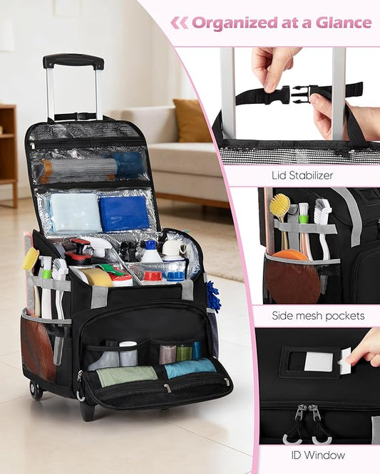 Large Rolling Cleaning Caddy Bag with Detachable Trolley, Cleaning Supplies Organizer with Wheels for Housekeepers, Black