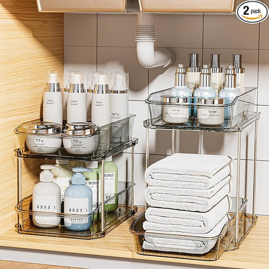 Delamu 2-Tier Under Sink Organizers and Storage, Multi-Purpose Stackable Bathroom Cabinet Organizers, Pull Out Kitchen Pantry Organization and Storage with Dividers(2 Pack, Grey)