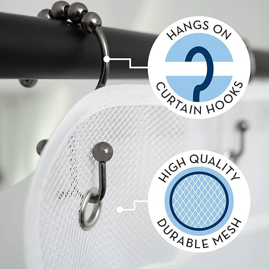 S&T INC. Shower Organizer, Shower Caddy or Bathroom Organizer with Quick Drying Mesh, 7 Pockets to Hold Shampoo, Soap, Loofah, and Cruise Ship Essentials, 14 Inch by 30 Inch, White, 2 Pack