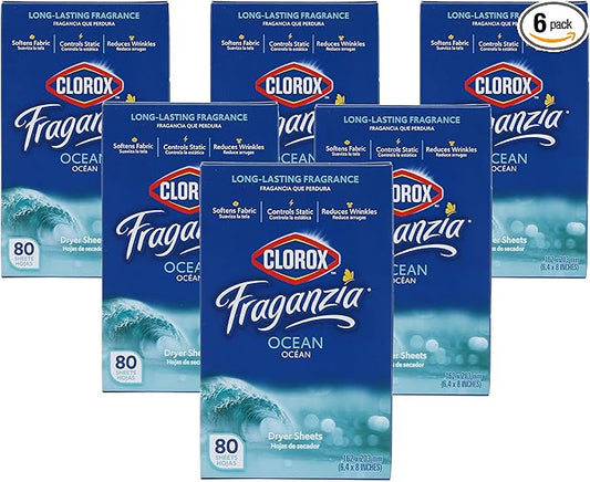 Clorox Fraganzia Fabric Softener Dryer Sheets, Ocean Scent - Wrinkle Reducing Scented Softening Laundry Dryer Sheets for Great Smelling Clothes, 80 Count - 6 Pack