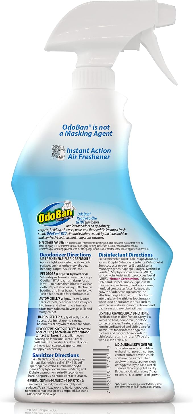 OdoBan Ready-to-Use Disinfectant and Odor Eliminator, Set of 2 Spray Bottles, 32 Ounces Each, Fresh Linen Scent