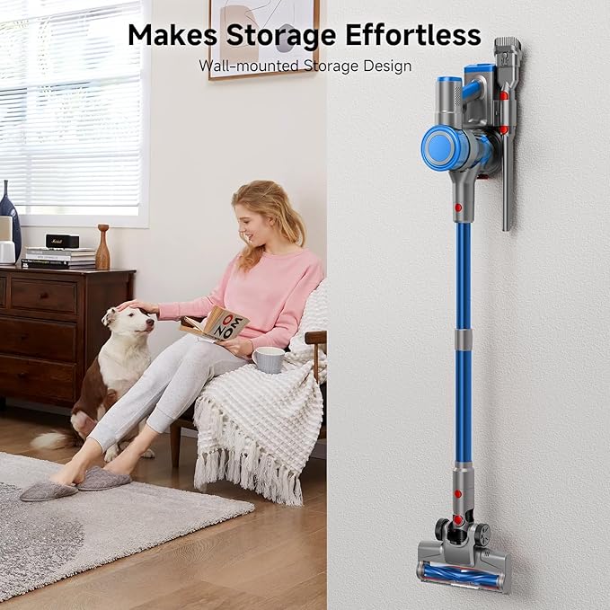 Cordless Vacuum Cleaner, Powerful Stick Vacuum Cleaner for Home with Rechargeable Battery, 6-in-1 Lightweight Handheld Vacuum, 45 Mins Runtime for Hardfloor & Carpets Pet Hair (Blue)