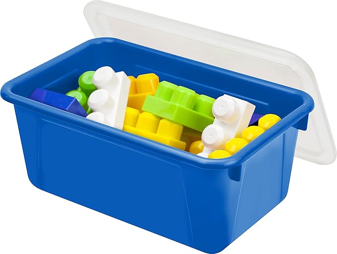 Storex Small Cubby Bins – Plastic Storage Containers for Classroom with Non-Snap Lid, 12.2 x 7.8 x 5.1 inches, Blue,(62408U05C) (Pack of 5)
