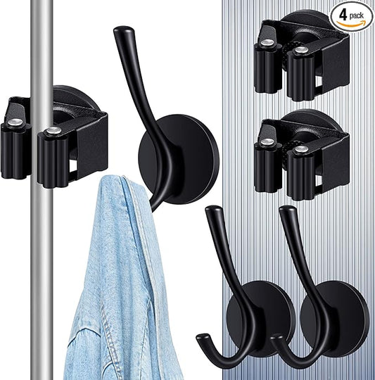 4 Pcs Magnetic Double Hooks Magnetic Coat Hooks Magnetic Mop Broom Holder Movable Magnetic Broom Holder Rack for Garage Kitchen Laundry Garden