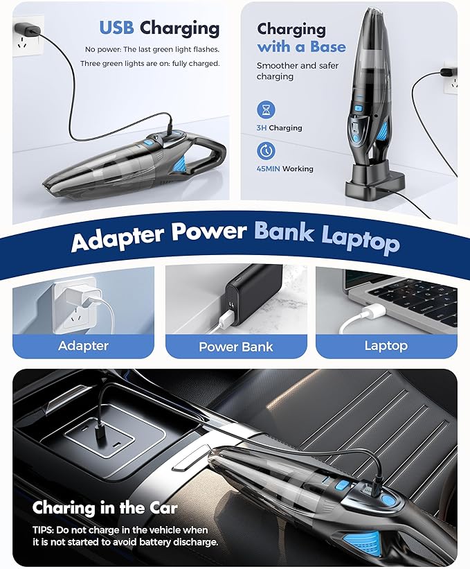 Handheld Vacuum Cordless 25000PA Powerful Suction, Portable Car Vacuum, 3 in 1 Hand Held Vacuum Rechargeable 8000mAh with LED Light, HEPA Filter, Home, Car Seats, Office, Pet Hair Blue+Black