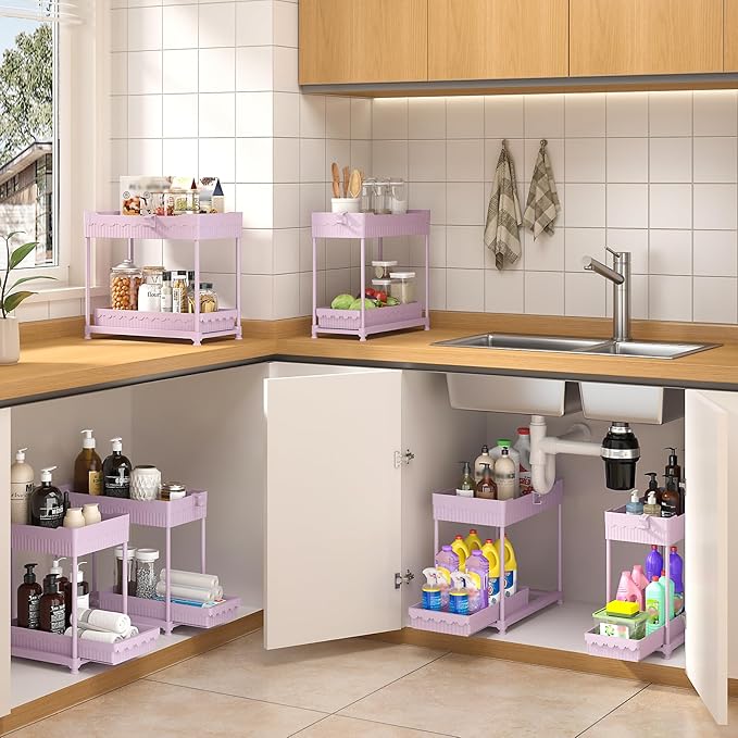 3 Pack Under Sink Organizers, 2-Tier Multi-Use Kitchen and Bathroom Organizers and Storage with Sliding Drawers，Bathroom Cabinet Organizer (Pink, 12.8 Inch)