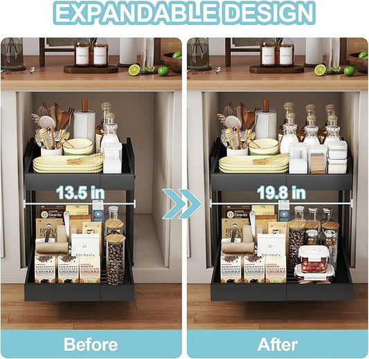 Golener 2-Tier Expandable Pull Out Cabinet Organizer - Pull-Out Drawers for Kitchen Cabinets, 2 Slide Home Storage Organizers, Slide Out Shelves for Base Cabinet Organization in Kitchen, Black Metal