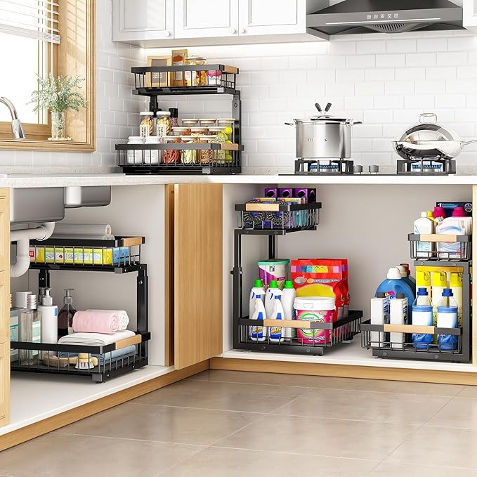 PXRACK 1 Pack Under Sink Organizer,Adjustable Height,2 Tier Pull Out Under Cabinet Organizer,Slide Out Thickened Metal Under Sink Storage for Kitchen Bathroom Laundry Cabinet Pantry,Black(L)
