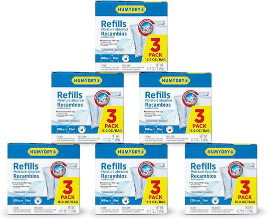 HUMYDRY Moisture Absorber Refills for 15.9 Oz Dehumidifier, 18 Count, 6 Packs of 3 Unscented Humidity Absorber Bags, Pre-Measured Non-Electric Humidity Absorber Refill Bags for Medium Enclosed Spaces