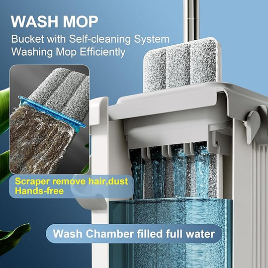 JOYMOOP Mop and Bucket with Wringer Set, Flat Squeeze Mop with Bucket (X-Large), Dust Mop for Wall Cleaner with Long Handle, Microfiber Mop - White Bucket with 5 Reusable 15" Pads
