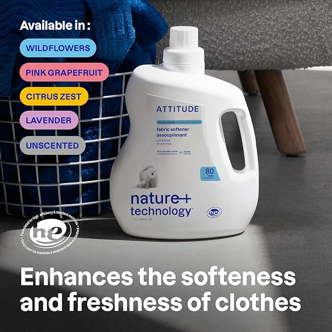 ATTITUDE Liquid Fabric Softener, Plant-Based & Vegan, HE Compatible, Naturally Derived, Unscented, 80 Loads, 67.6 Fl Oz