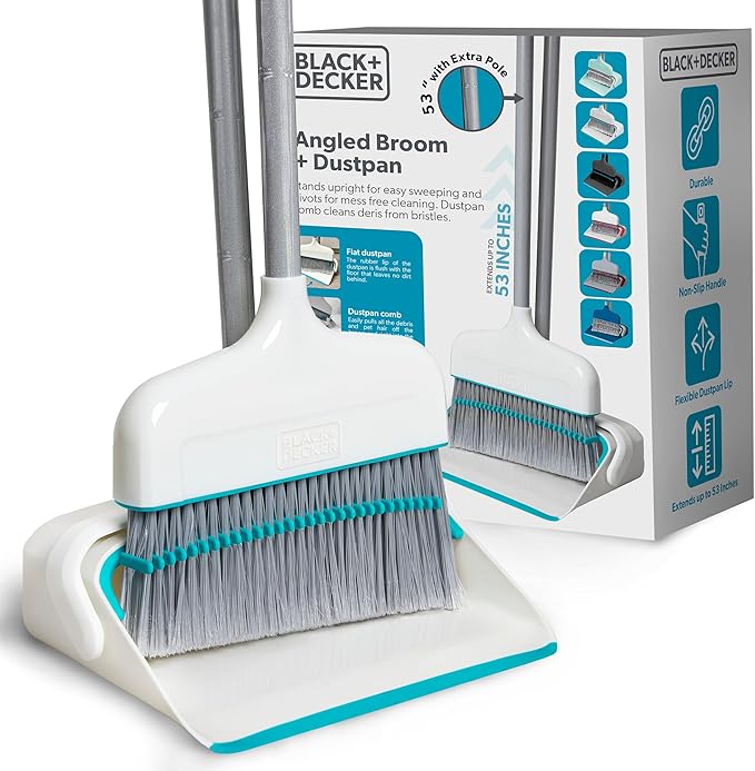 BLACK+DECKER Butler Broom and Dustpan Set for Home, Short Handle, Stand Up and Lightweight Space Saving Dust Pan and Broom Combo for Kitchen, Living Room, Bathroom, Lobby Floor Use