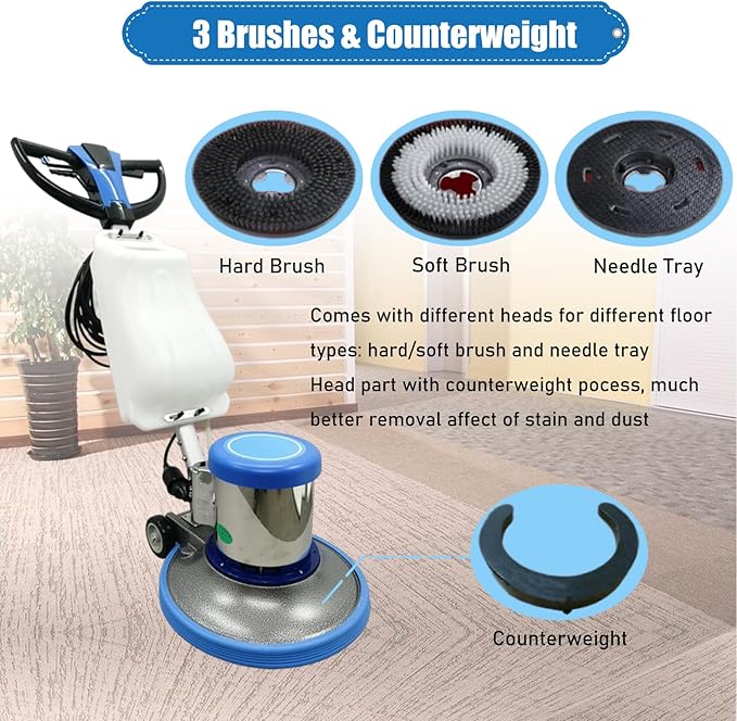 Commercial Floor Cleaning Machine 17" Floor Cleaner and Polisher Industrial Ground Scrubber Buffer Heavy Duty Carpet Cleaner with Three Brushes for Ground Cleaing, 110V