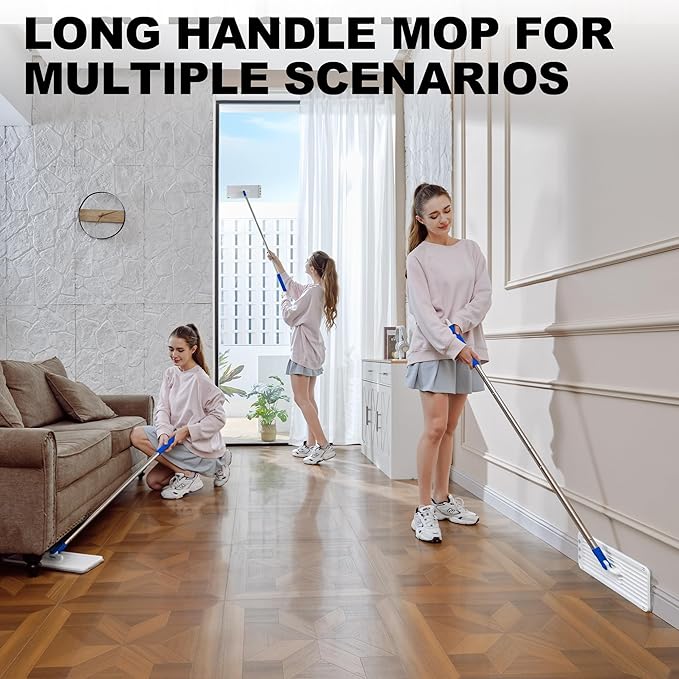 Mop and Bucket Set with Wringer, Squeeze Wall Mop Cleaner with Long Handle, Flat Mop and Bucket System, Dry & Wet Dust Mops for Household Floor Cleaning with 3 Microfiber Mops, Slate Blue