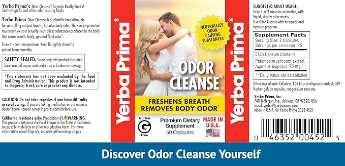 Yerba Prima Odor Cleanse 50 Capsules - Supports Reduction of Body Odor BO and Fresh Breathe - Reduce Garlic Smells Patented Mushroom Extract