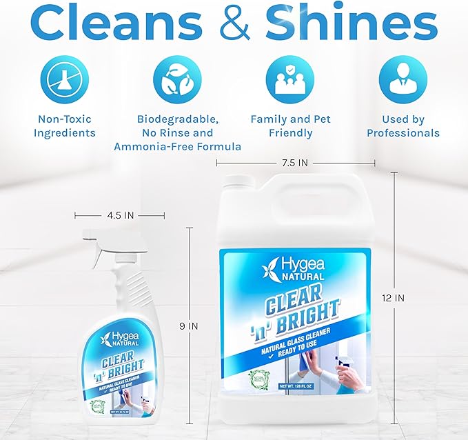 Hygea Natural Clear 'n' Bright - Glass Cleaner Spray - Streak-Free & Ammonia-Free Window Cleaning - Window & Mirror Cleaning Supplies - Safe & Fast with Natural Ingredients (1 Gallon & 24oz Spray)