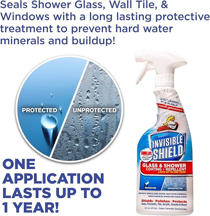 Invisible Shield Glass Shower Coating Spray for Showers, Mirrors, Windows, Wall Tile Against Soap Scum, Hard Water Minerals and Grime with Long Lasting Protection (2 Pack) 16 oz