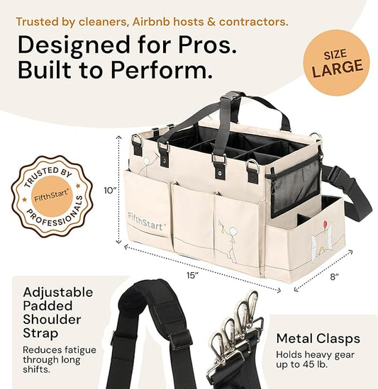 FifthStart Multiuse Cleaning Caddy with Waist & Shoulder Strap,9 Pockets Professional Bag, Mesh Base & Adjustable Compartments - Beige Large Organizer with Handle - Cleaning Caddy Bag (Beige, Large)