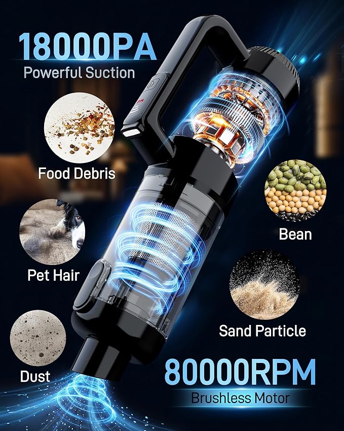 Handheld Vacuum Cordless, 18000PA Strong Suction Car Vacuum Cleaner Portable with Brushless Motor & LED Light, Hand Vacuum with Multi-Nozzles & Washable Filter for Home Office, Car, Pets